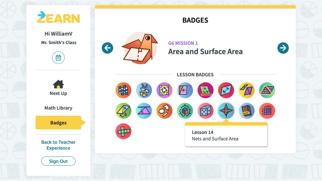 Screenshot of badges that a middle school student has earned doing Zearn lessons