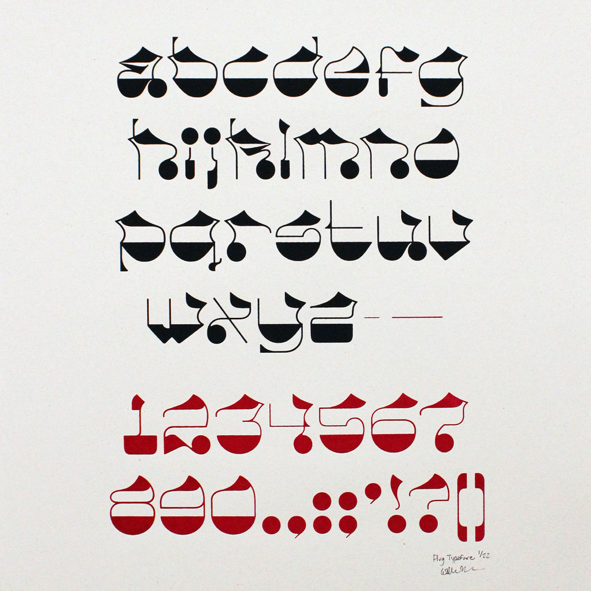 Screen printed poster of the entire typeface, ‘a’ through ‘z’, 0 through 9, and some special characters
