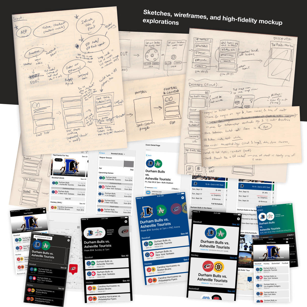 Collage of sketches, wireframes, and mockups from UI development
