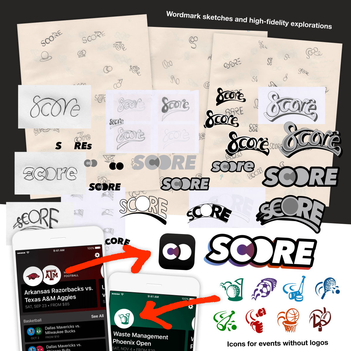Collage of sketches used to develop ‘Score’ wordmark as well as final Score wordmark and icon, and icons designed for events without logos