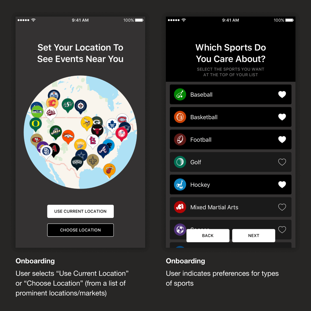 Two onboarding screens: ‘Set Your Location To See Events Near You’, where the user shares their location, and ‘Which Sports Do You Care About?’, where the user indicates preferences for types of sports