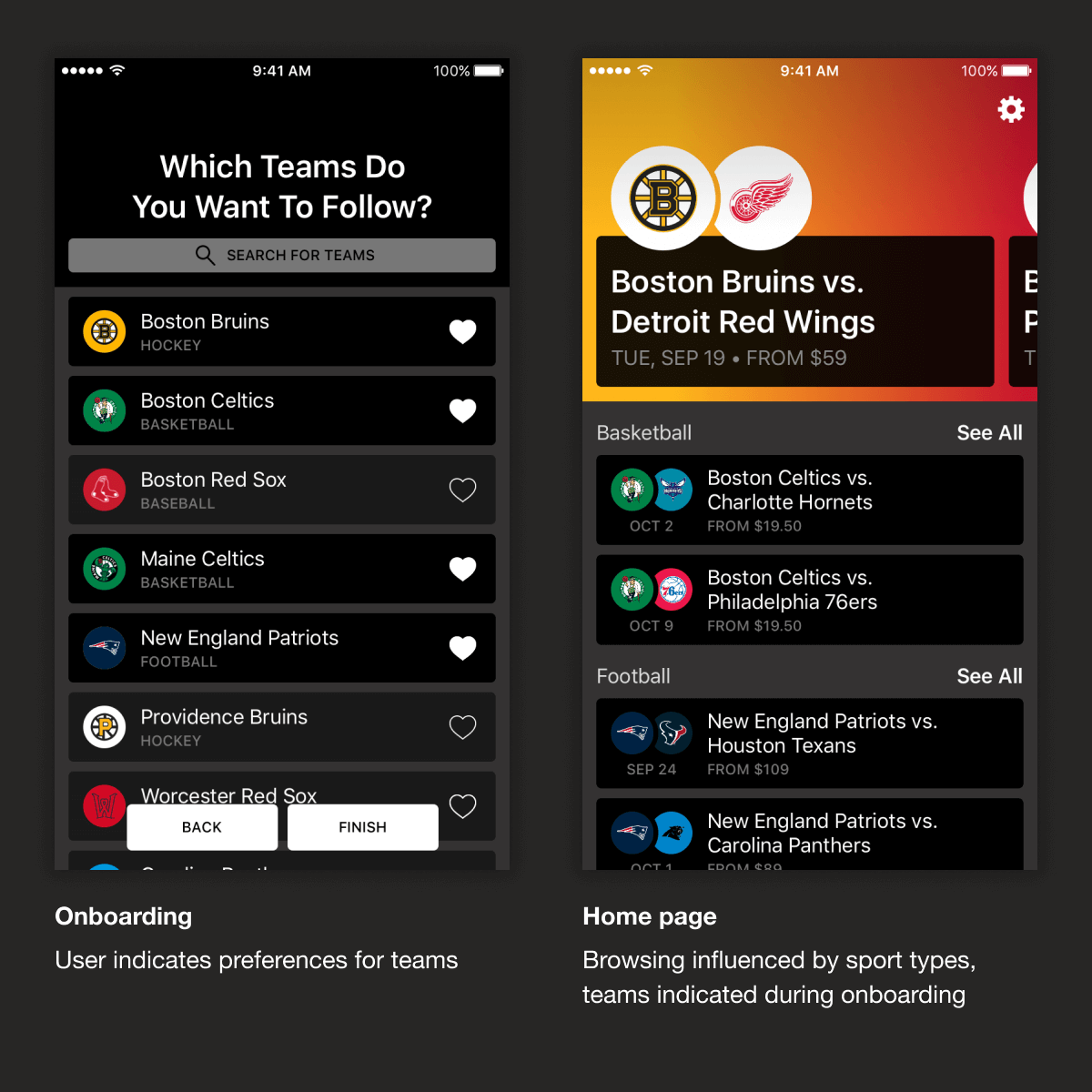 One onboarding screen: ‘Which Teams Do You Want To Follow?’ Also, an event page showing a list of ticket options for a hockey game