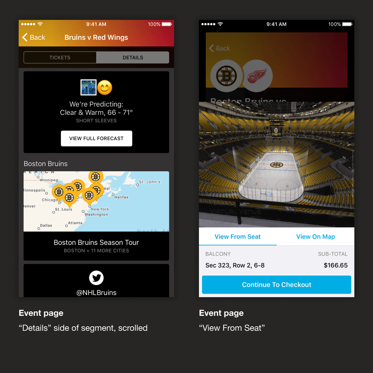 Two additional variations of the event page: the details segment, where team season tours and weather predictions are available, and ‘View From Seat’, showing what the vantage point for that ticket would be