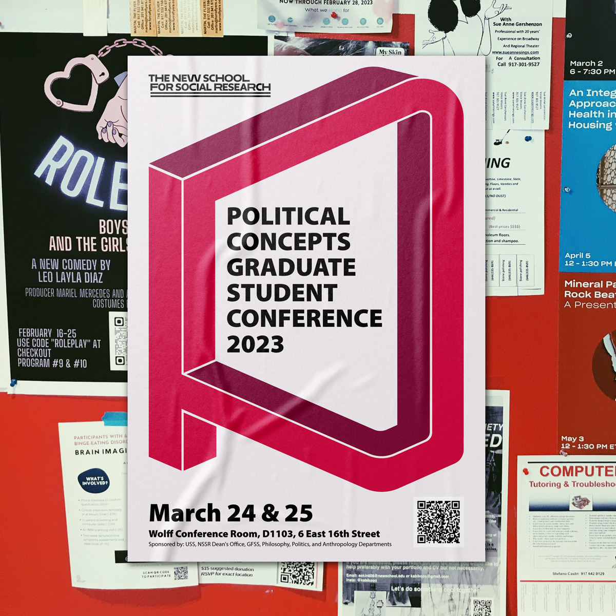 Political concepts conference poster showcasing optical illusion ‘p’, on a light background