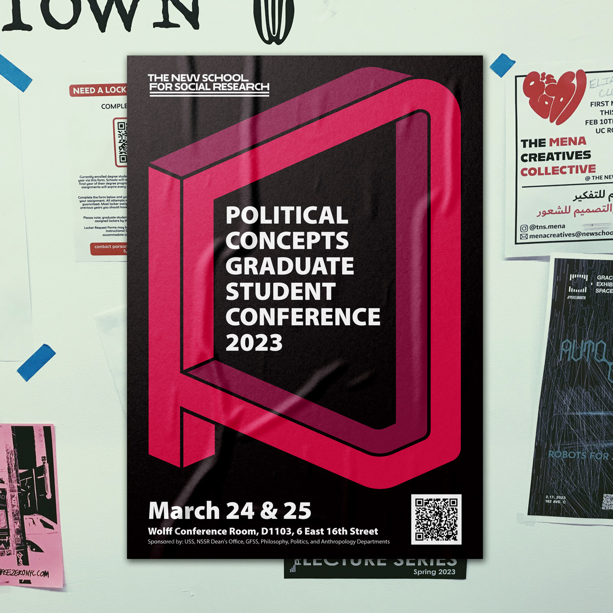Political concepts conference poster showcasing optical illusion ‘p’, on a dark background