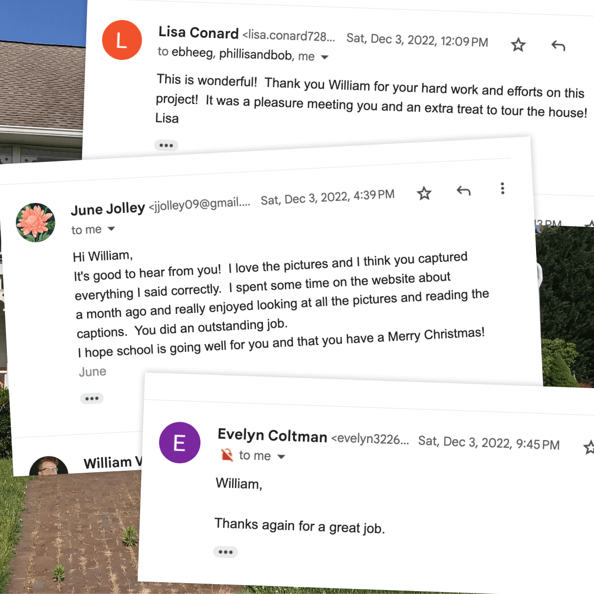 Screenshots of email testimonials from community members endorsing the project