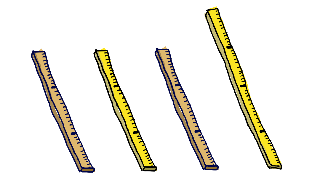 Illustration of four different yardsticks, two wood and two metal